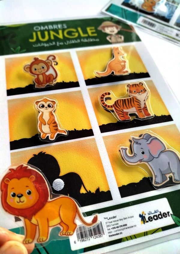 Vue rapprochée des pièces plastifiées du jeu d’ombres animaux, montrant la qualité du matériau et la solidité des scratchs